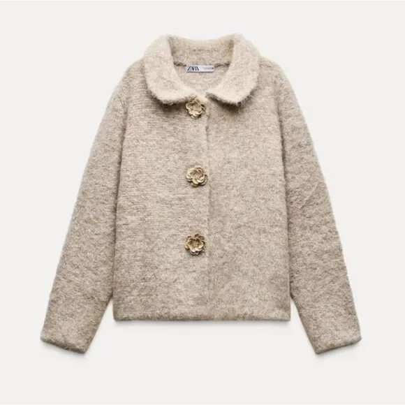 ZARA FAUX FUR KNIT CARDIGAN WITH FLOWER BUTTONS